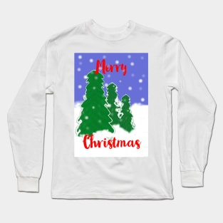 Merry Christmas Evergreen Trees with Snow and Snowflakes Long Sleeve T-Shirt